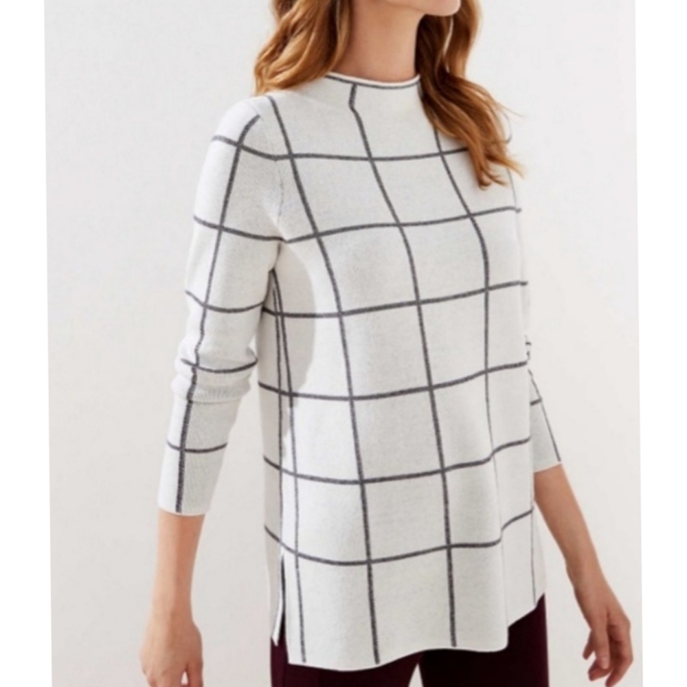 Loft Off-White and Gray 100% Cotton Windowpane Check Mock Neck Sweater
